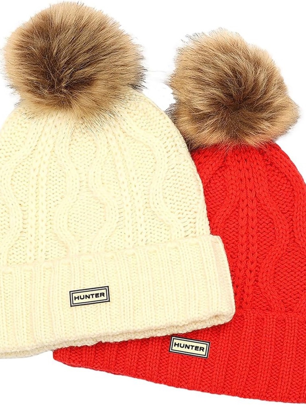 Hunter Cable Knit Pom Beanies in Cream and Red